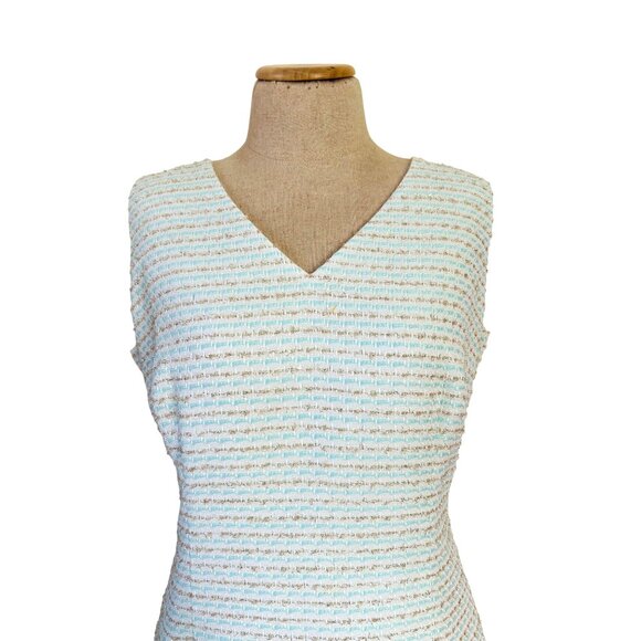 Poeta Womens Sz L White & Gold Sleeveless Tweed Sheath Dress With V-Neckline - Picture 2 of 10